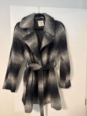 Belted Plaid Double-Breasted Long Coat - Old Navy Medium
